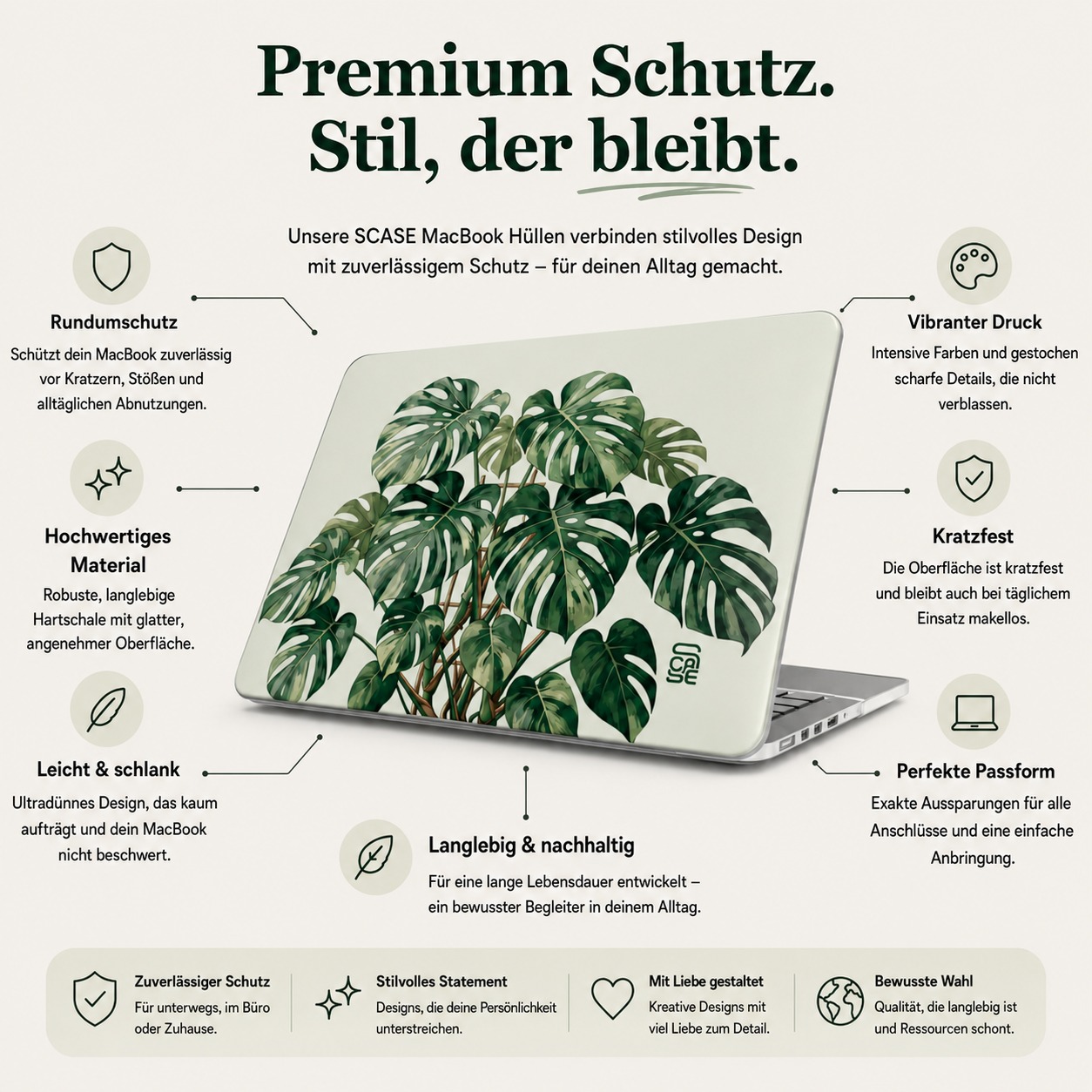 SCASE MacBook Hülle mit Premium-Schutz-Infografik: Rundumschutz, vibranter Druck, Kratzfestigkeit, hochwertiges Material, leichtes Design, perfekte Passform und Langlebigkeit