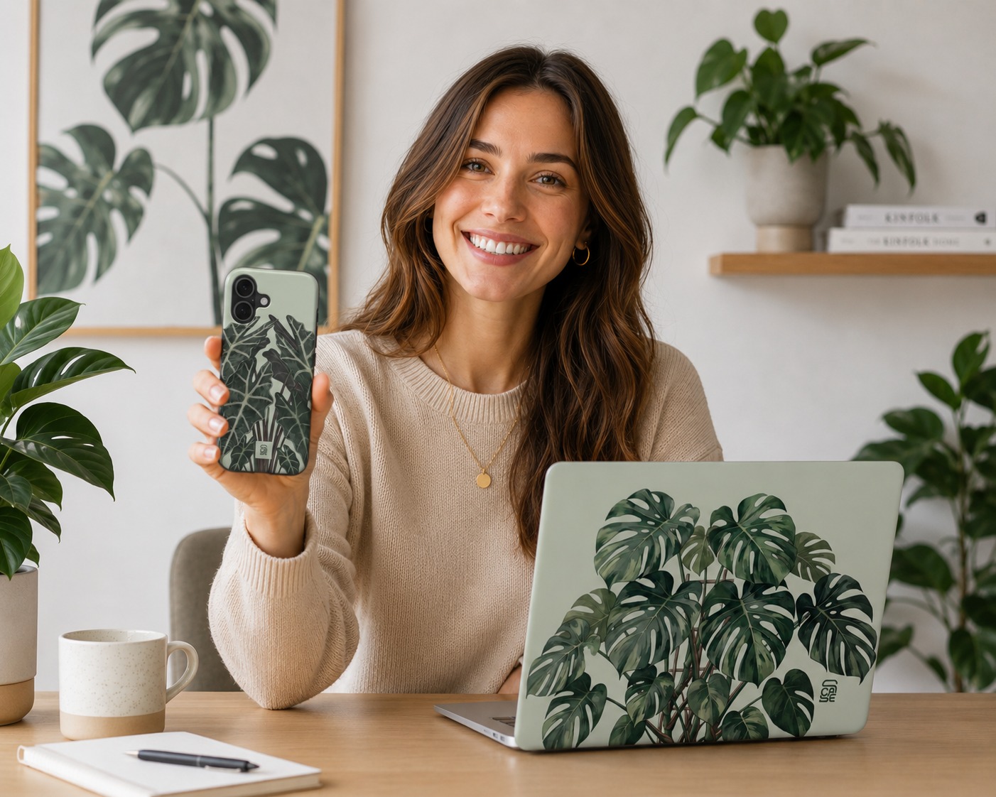 Frau mit SCASE iPhone Hülle und MacBook Cover im Monstera-Pflanzen-Design